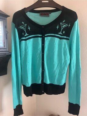 Voodoo Vixen Black & Aqua Martini-Embroidered Cardigan